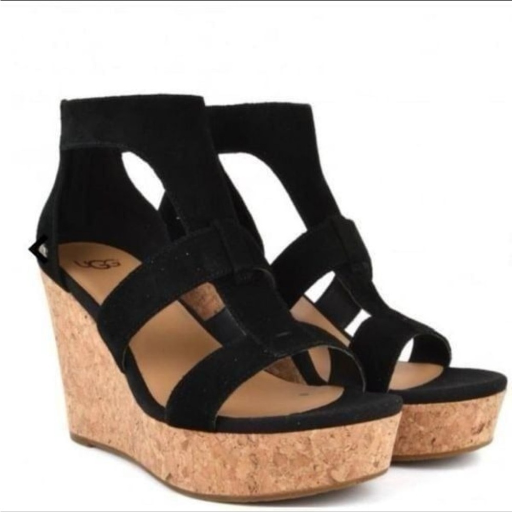 UGG Black and Tan Wedge Shoes with Cork Platform